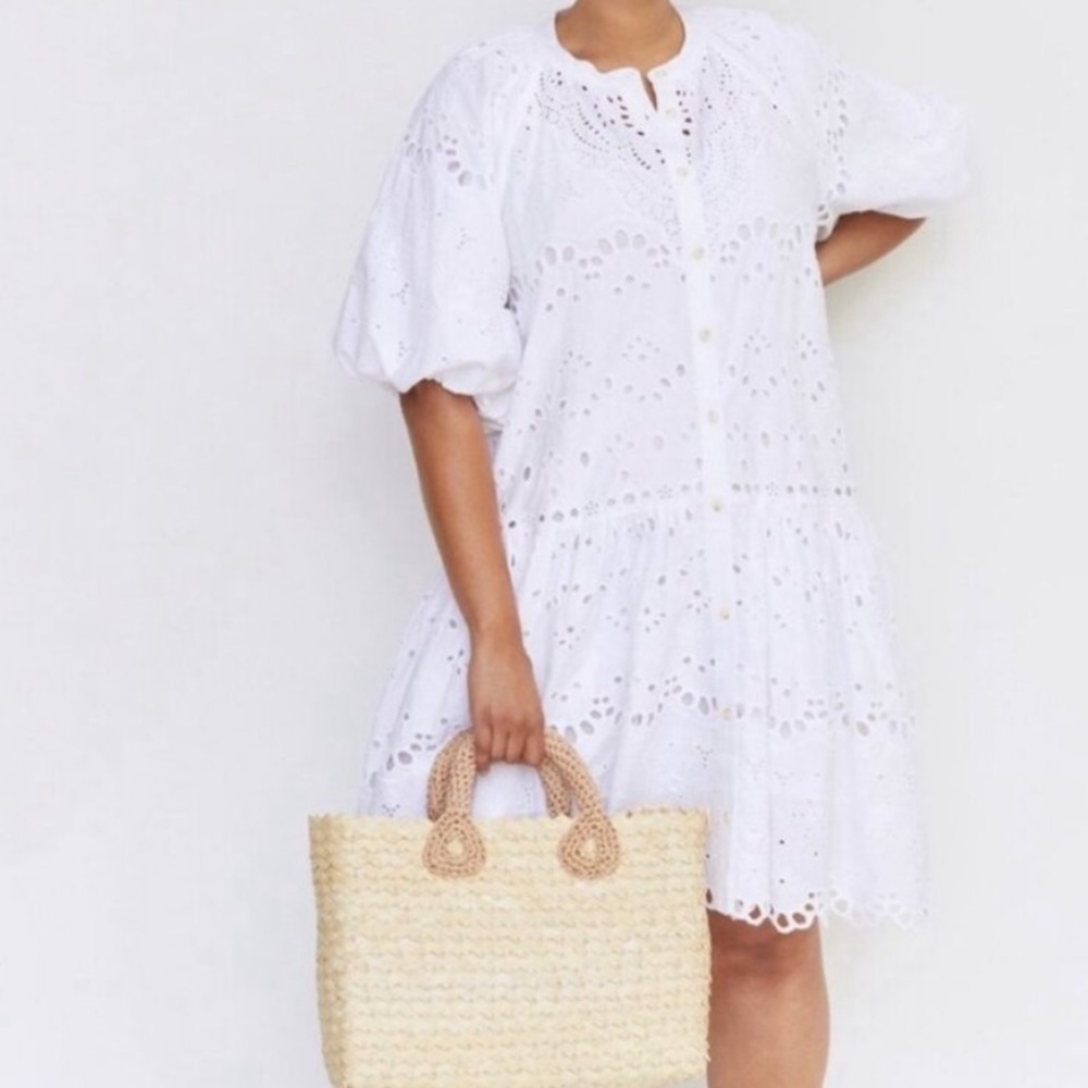 Anthropologie Tallulah Puff Sleeve Eyelet Mini Dress in White New Size Large - Picture 5 of 13